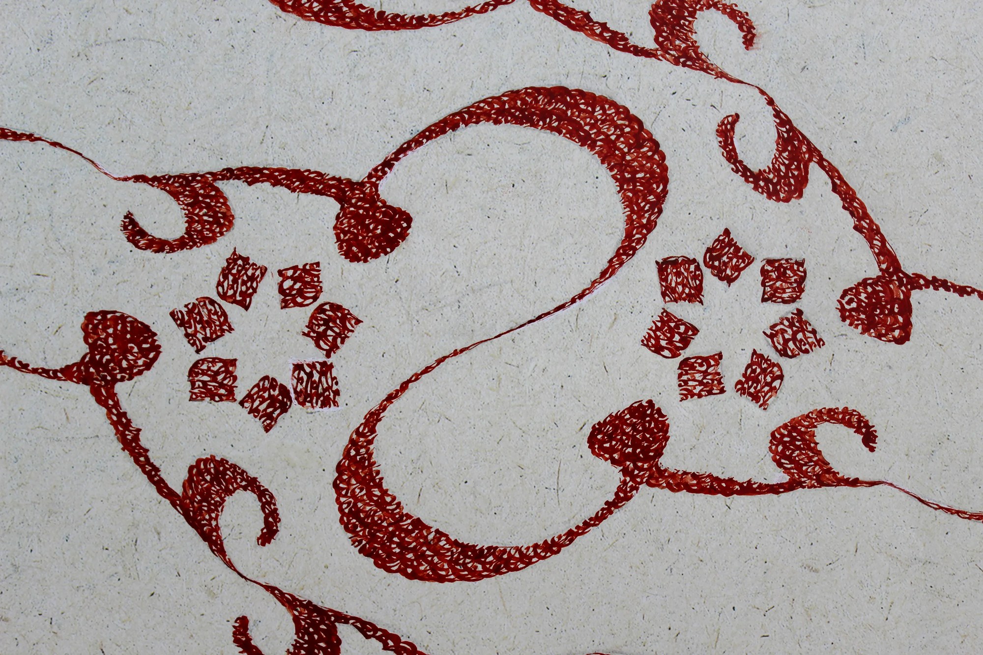 “Ashegh” by Ali Bagheri, a calligraphic painting with twisting and repeated red forms on a light background