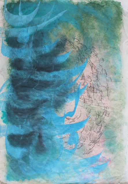 “Yā Bi-Meshk” by Ali Bagheri, a calligraphic painting with elongated blue and turquoise forms, a green-blue background, and l