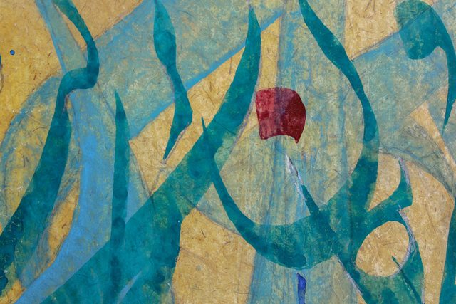 “Vladimir” by Ali Bagheri, a horizontal calligraphic painting with large green, blue, and turquoise forms on a warm earth-ton