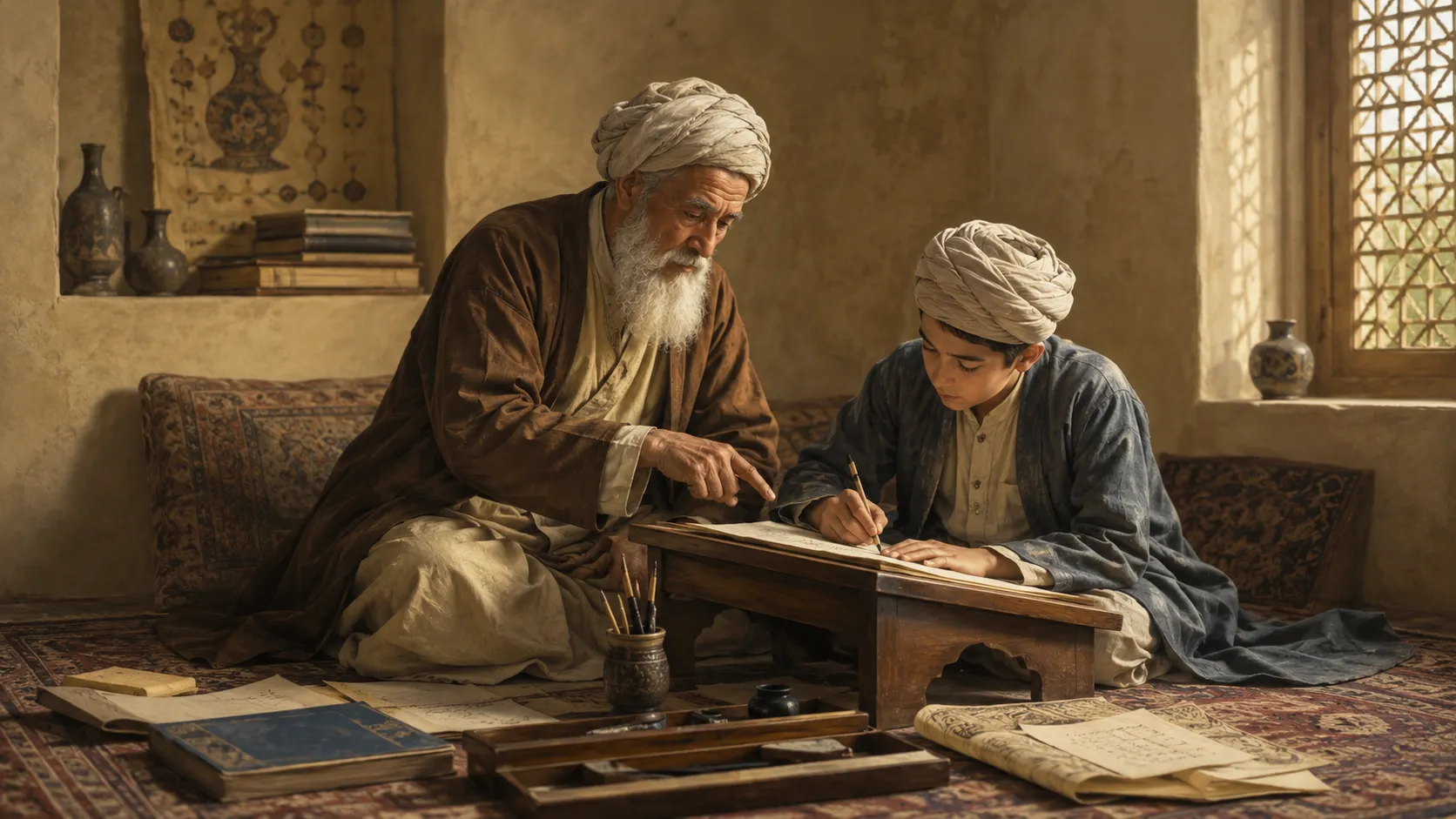 Nastaliq instruction through the master–student tradition, with a student practicing calligraphy under a teacher’s guidance