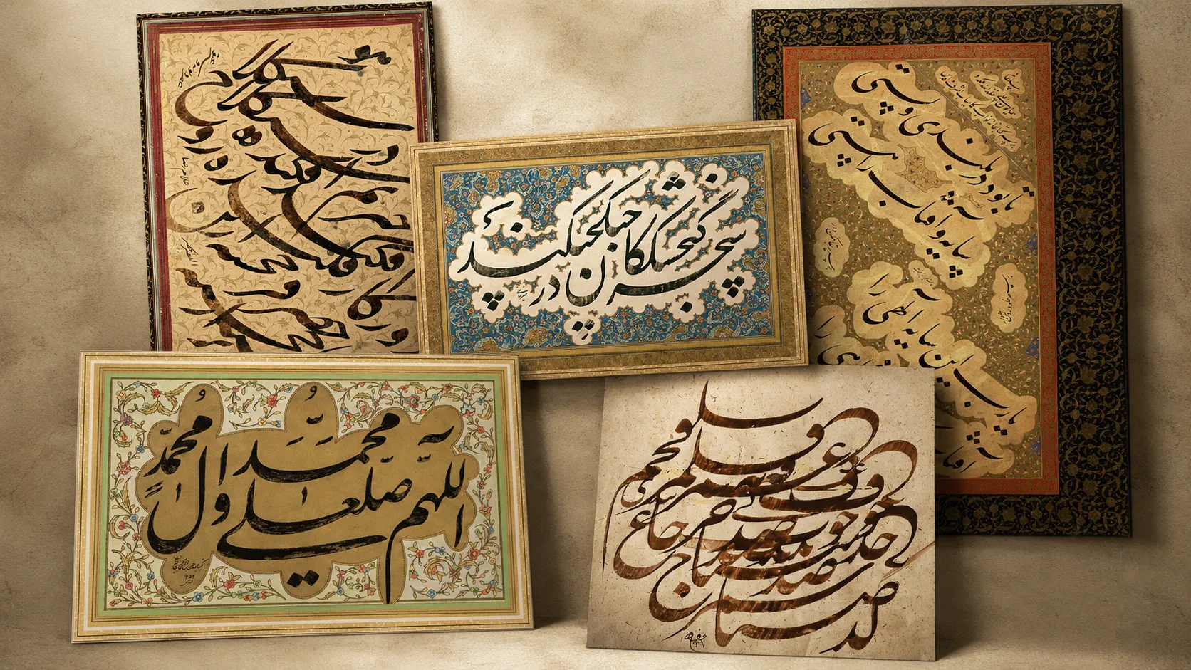 Examples of different Nastaliq calligraphy formats shown in panels with varied compositions, sizes, and framing