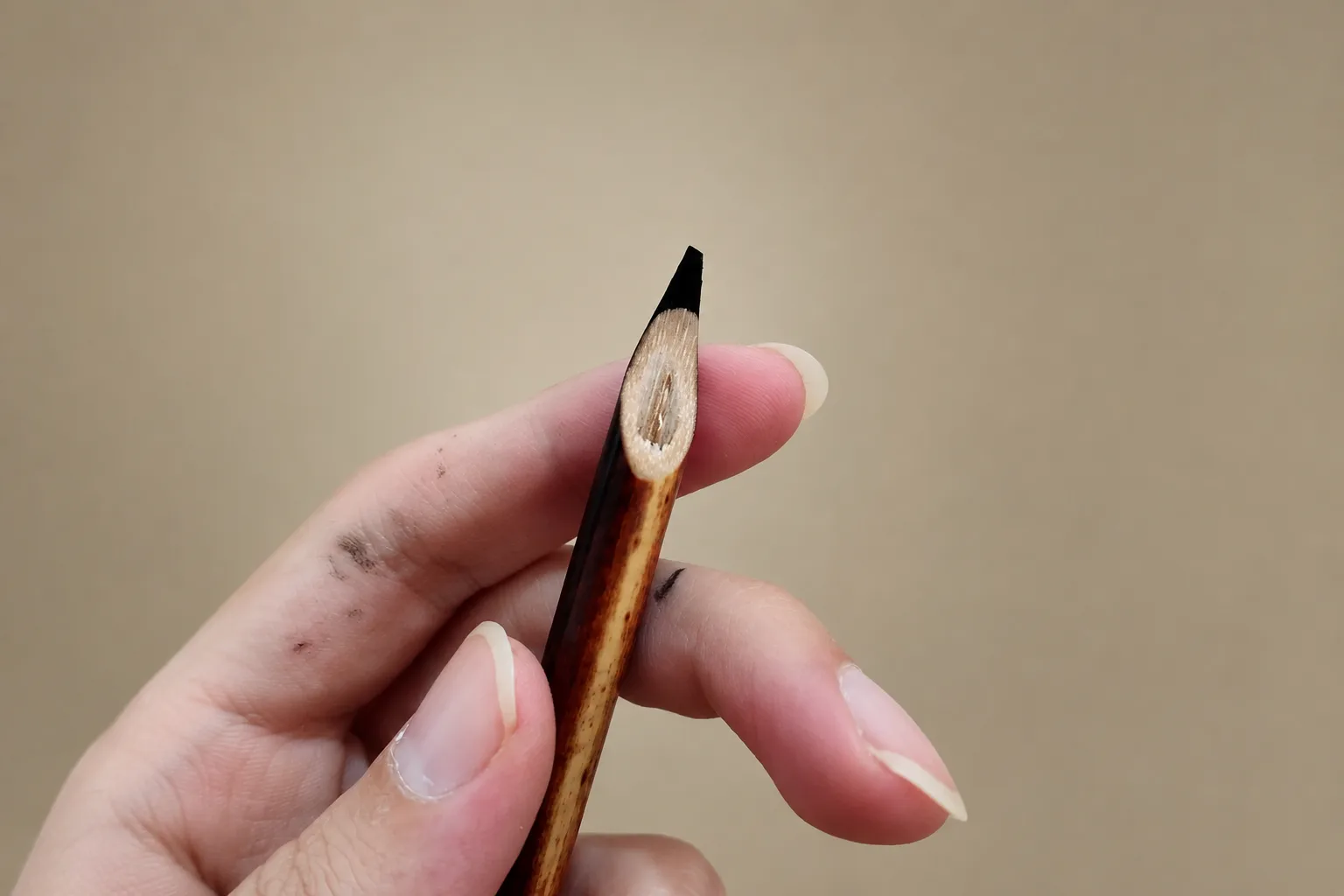 Reed calligraphy pen with a cut nib dipped in ink, held between the fingers