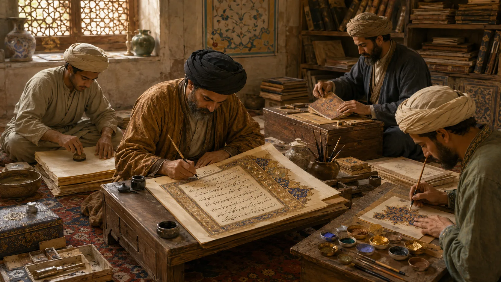 Reconstructed manuscript workshop with a scribe, illuminator, and other artisans writing, decorating, and preparing pages