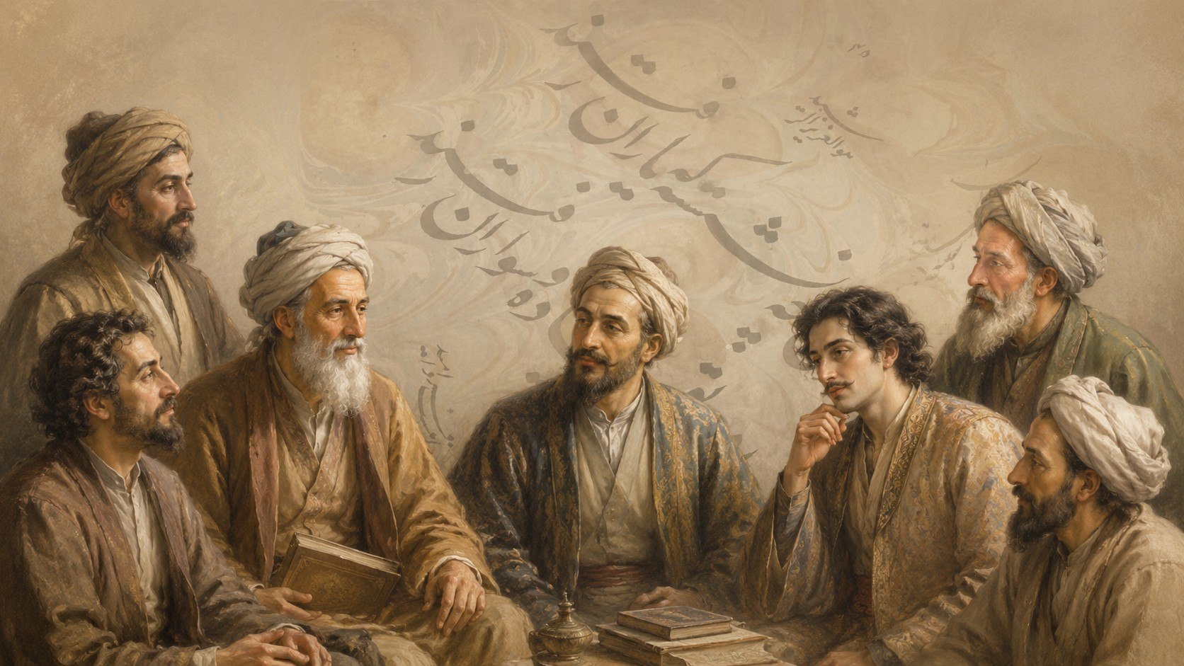 Narrative scene of Persian literature and Nastaliq calligraphy with scholars, manuscripts, and calligraphic forms